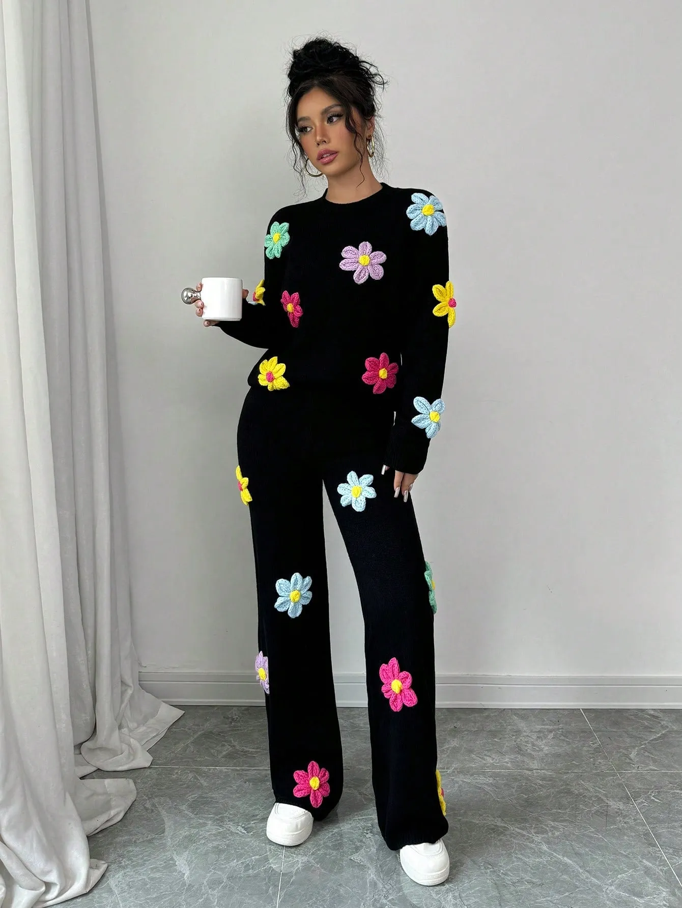 3D Floral Black Warm Pullover Sweater Paired With 3D Floral Straight Trousers