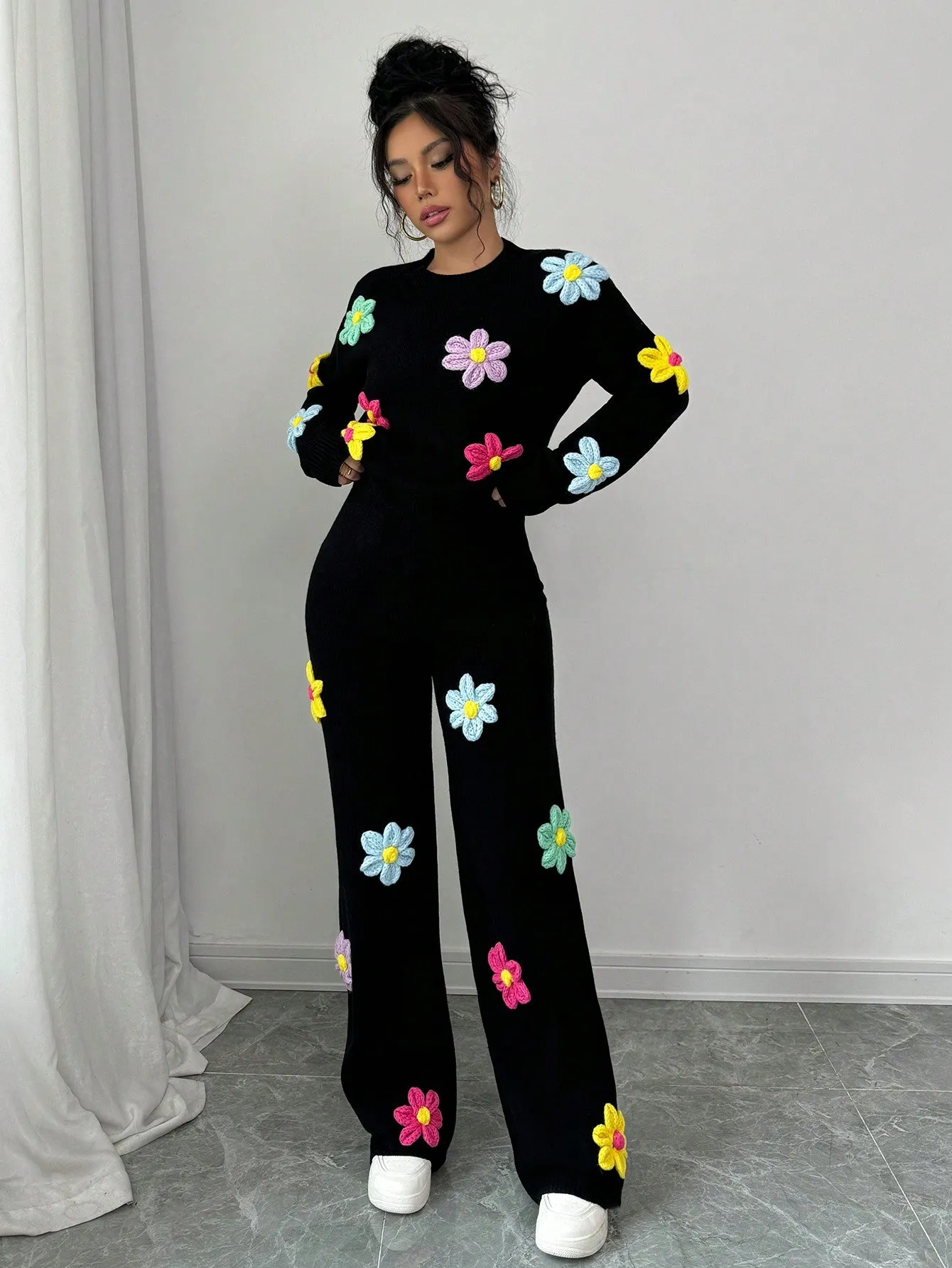 3D Floral Black Warm Pullover Sweater Paired With 3D Floral Straight Trousers