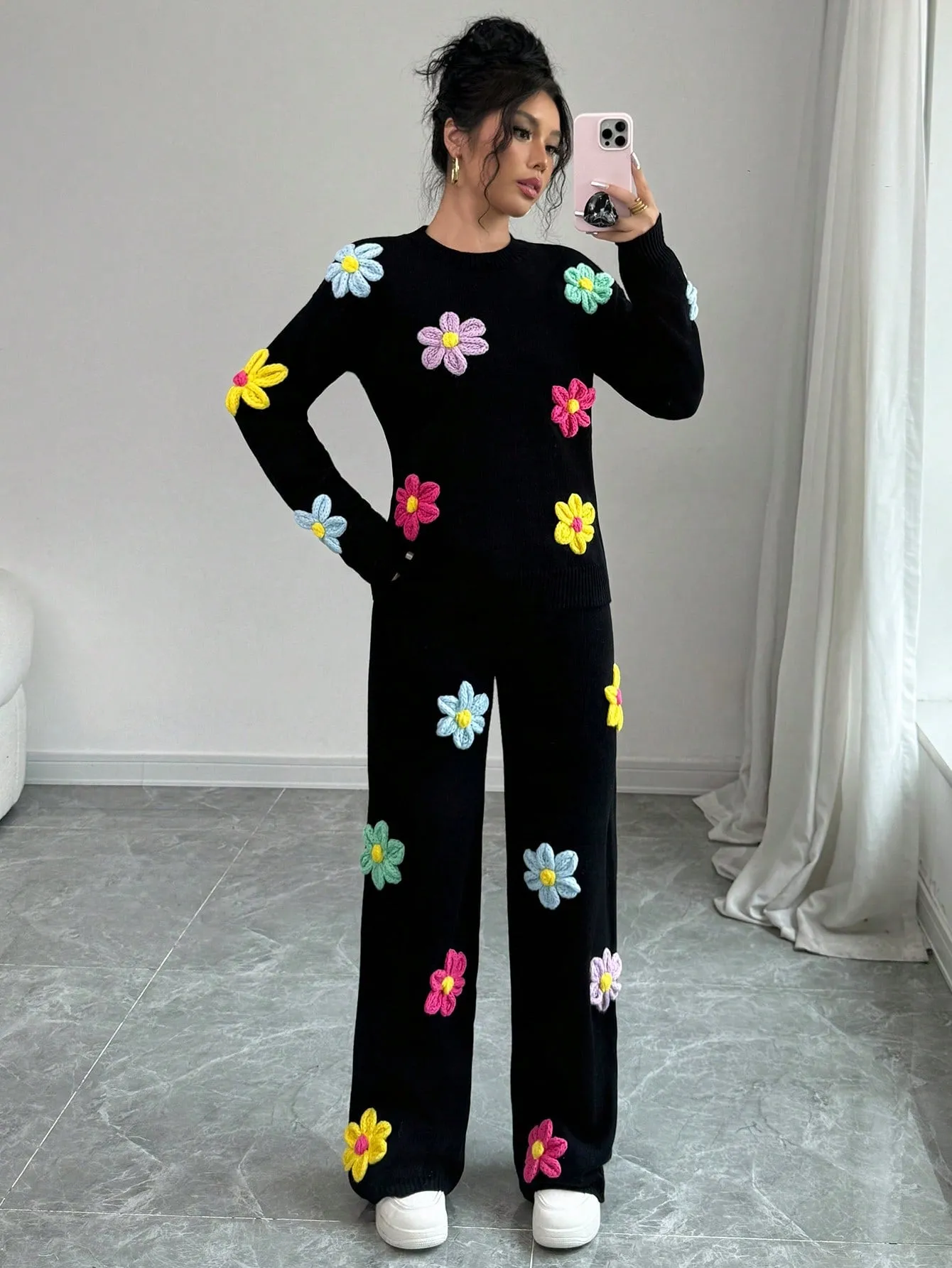 3D Floral Black Warm Pullover Sweater Paired With 3D Floral Straight Trousers