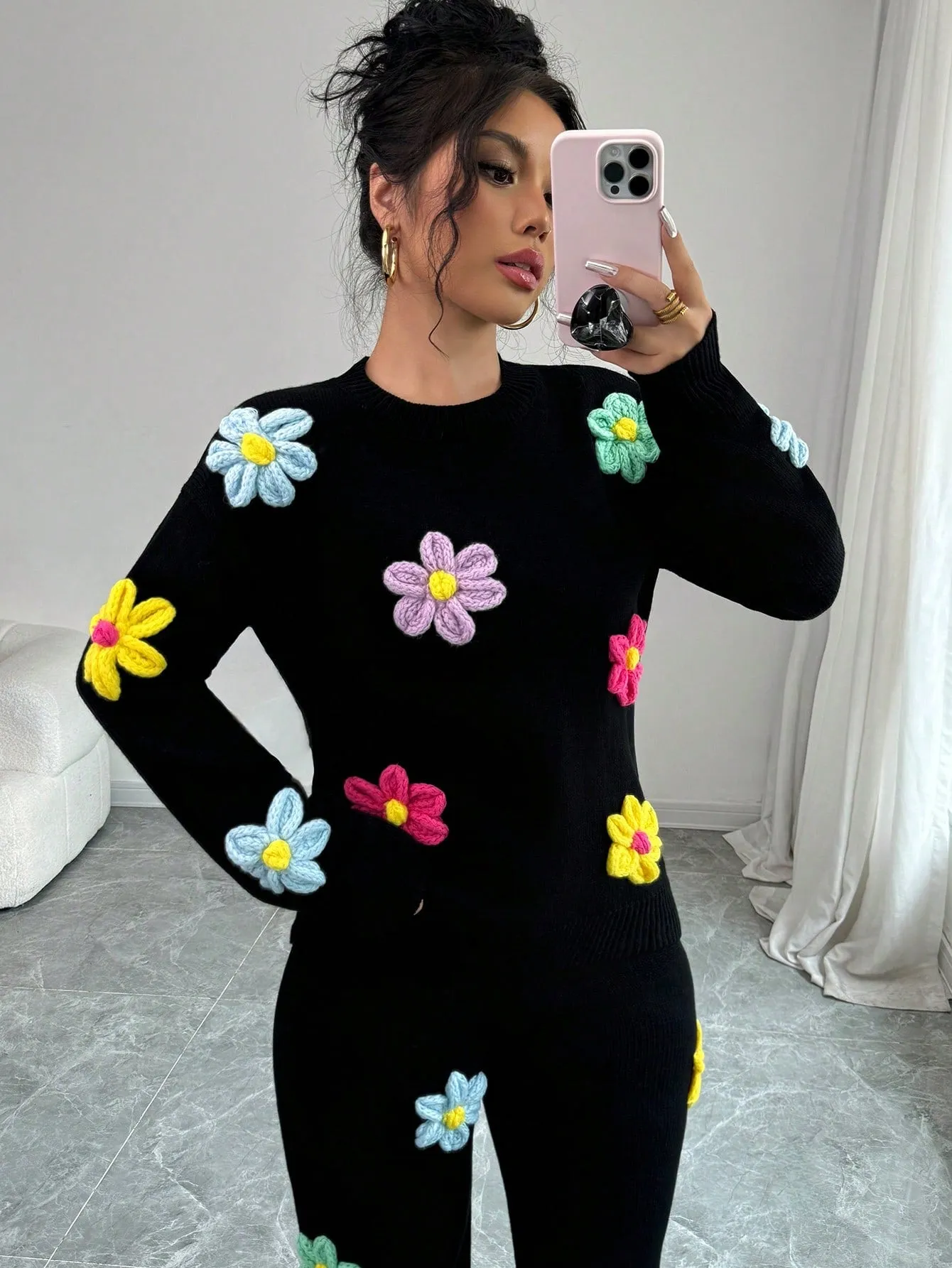 3D Floral Black Warm Pullover Sweater Paired With 3D Floral Straight Trousers