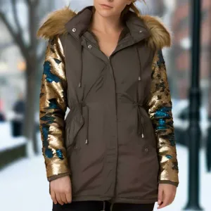 Army Green Parka Sequin Sleeves