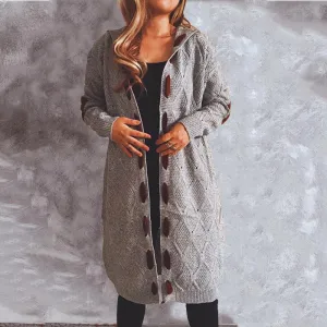 Autumn winter thickened velvet leather stitching knitted long hooded sweater