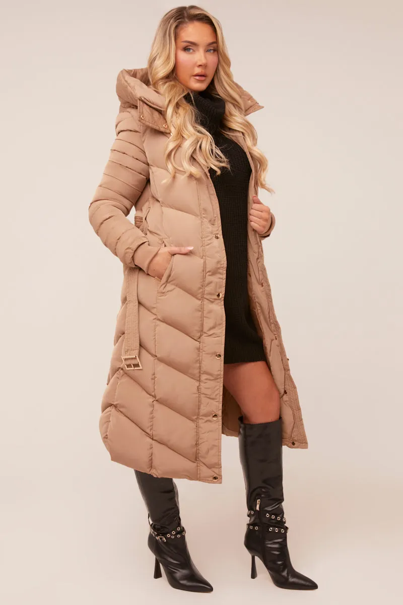 Beige Longline Hooded Puffer Jacket - Shauna