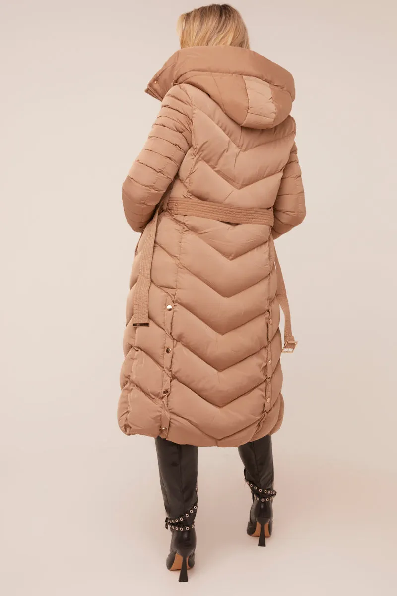 Beige Longline Hooded Puffer Jacket - Shauna