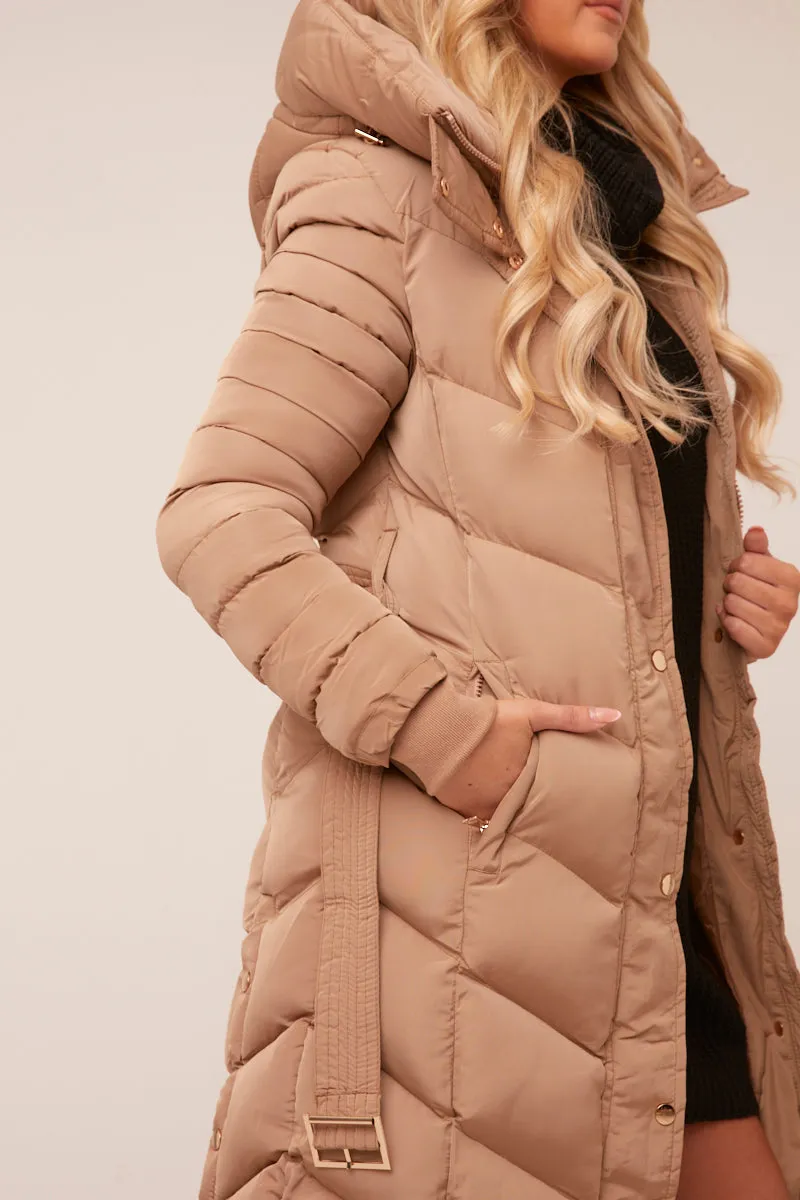 Beige Longline Hooded Puffer Jacket - Shauna