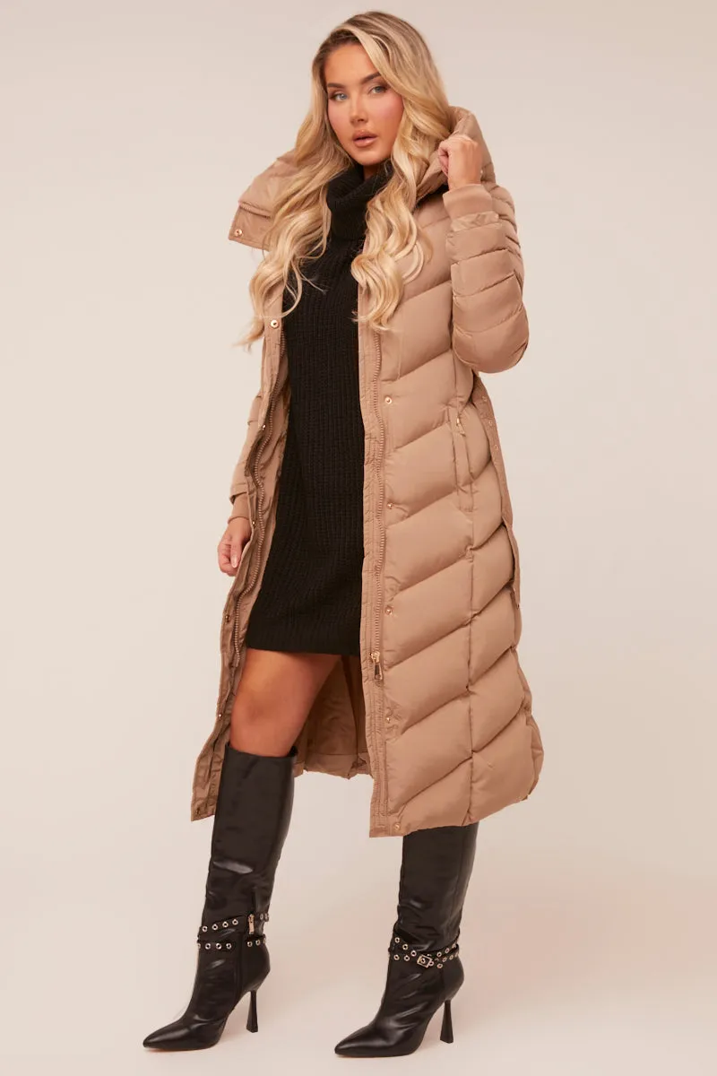 Beige Longline Hooded Puffer Jacket - Shauna