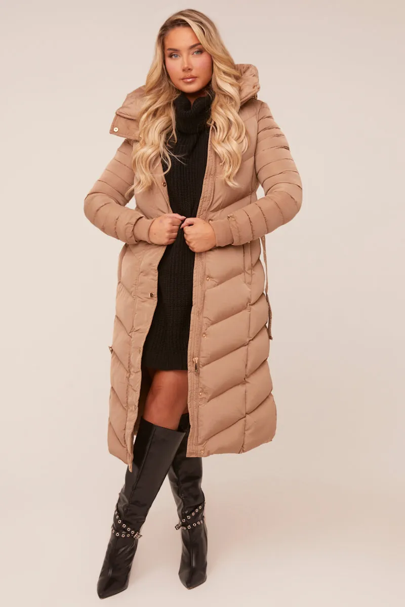 Beige Longline Hooded Puffer Jacket - Shauna