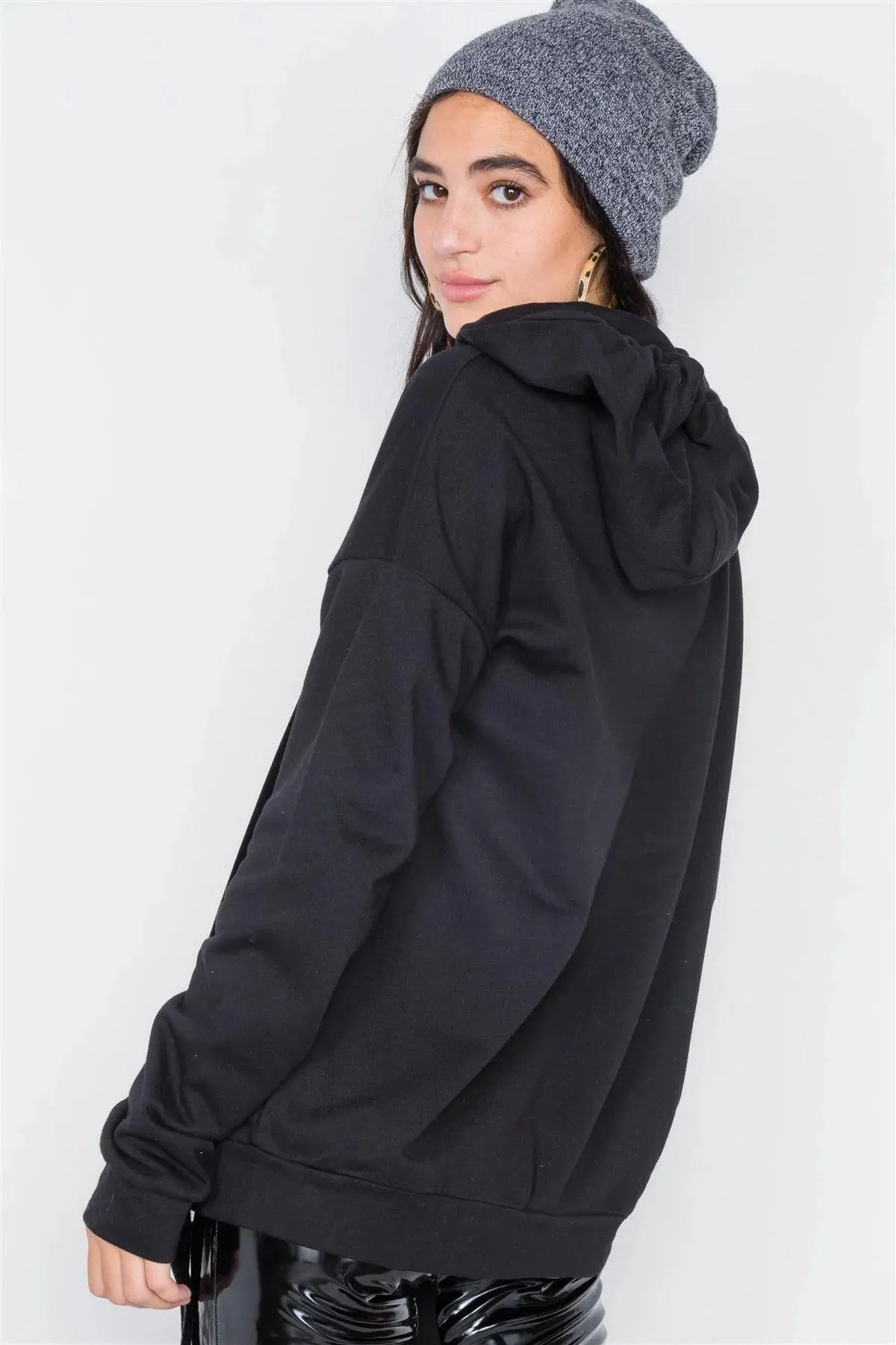 Black Cotton Zip-Up Hoodie Sweater /4-2