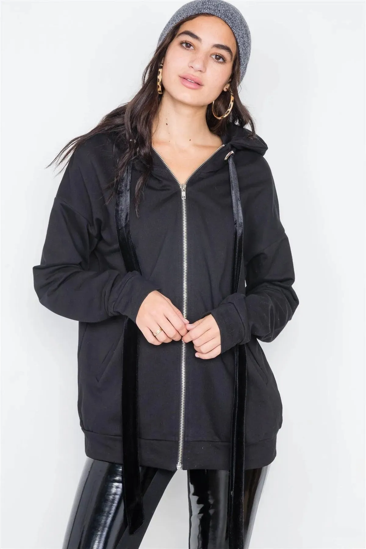 Black Cotton Zip-Up Hoodie Sweater /4-2