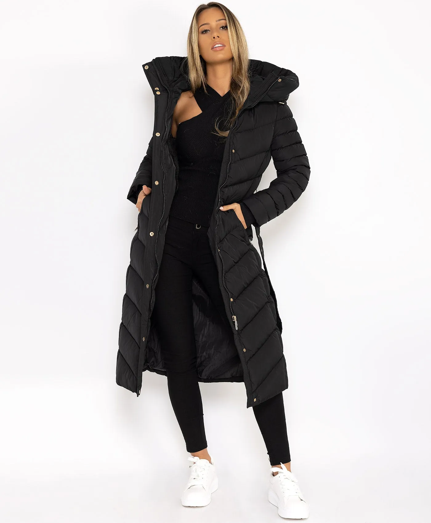 Black Longline Padded Full Length Belted Puffer Coat Jacket