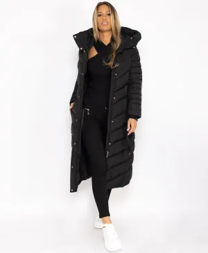 Black Longline Padded Full Length Belted Puffer Coat Jacket