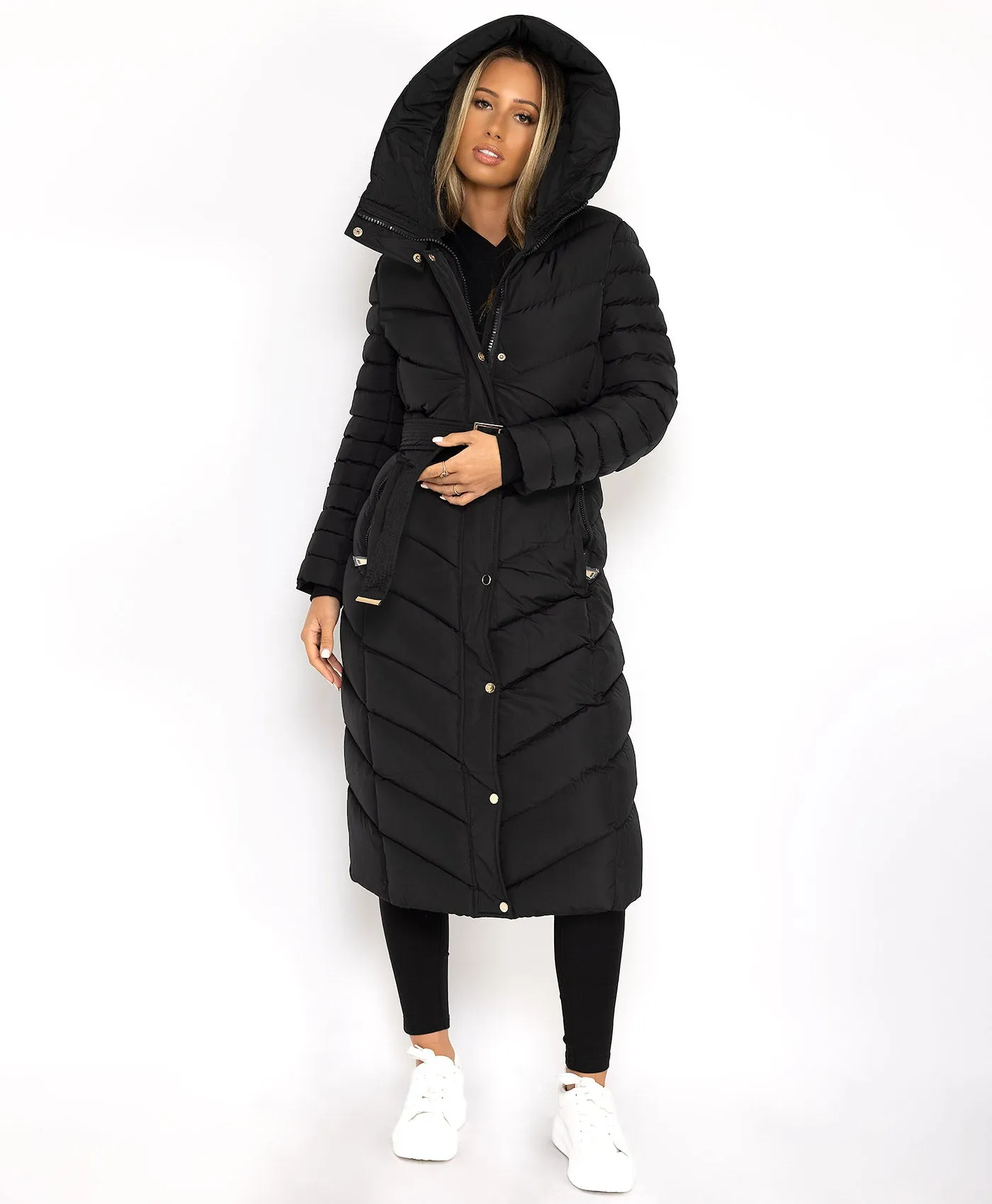 Black Longline Padded Full Length Belted Puffer Coat Jacket