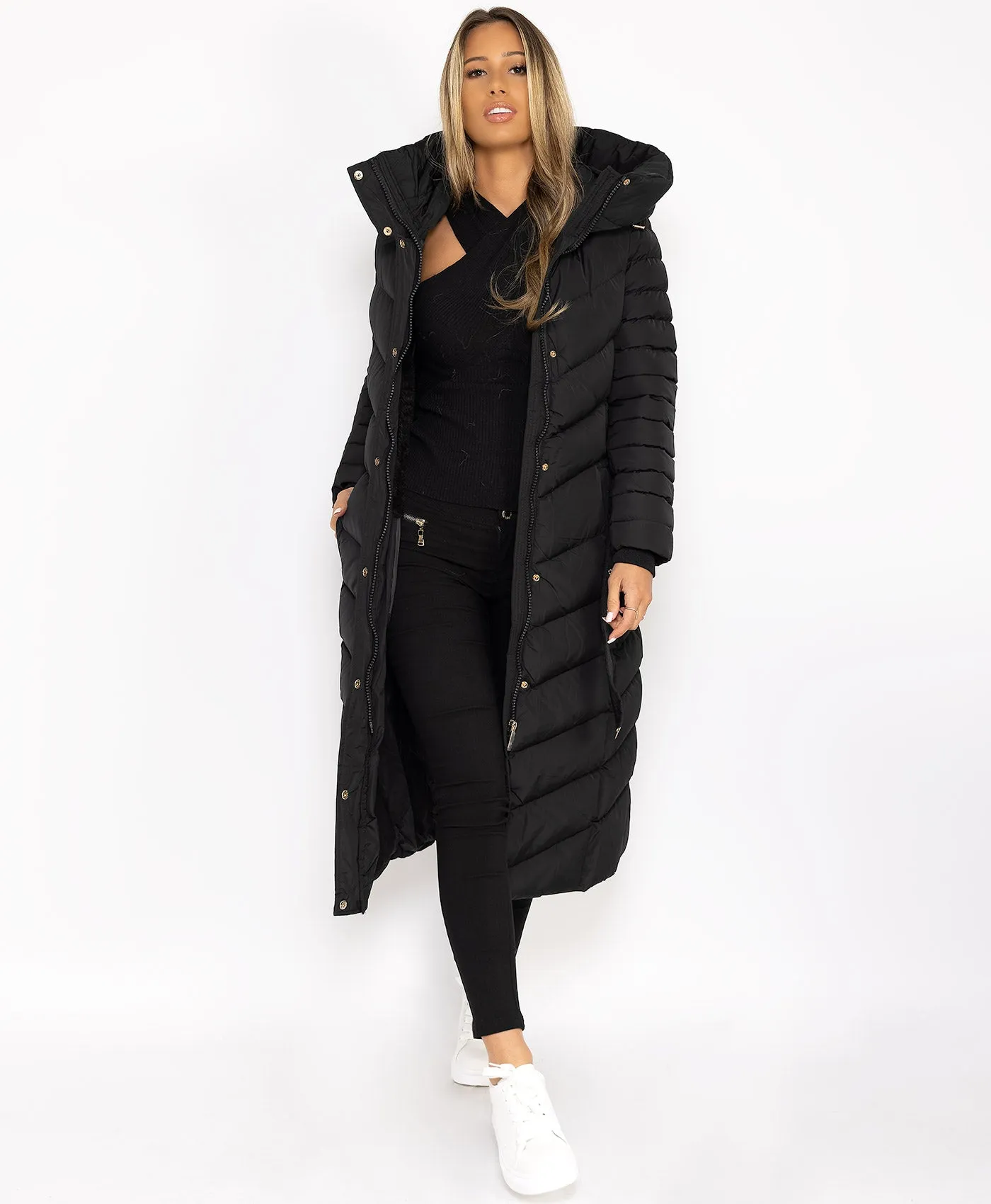 Black Longline Padded Full Length Belted Puffer Coat Jacket