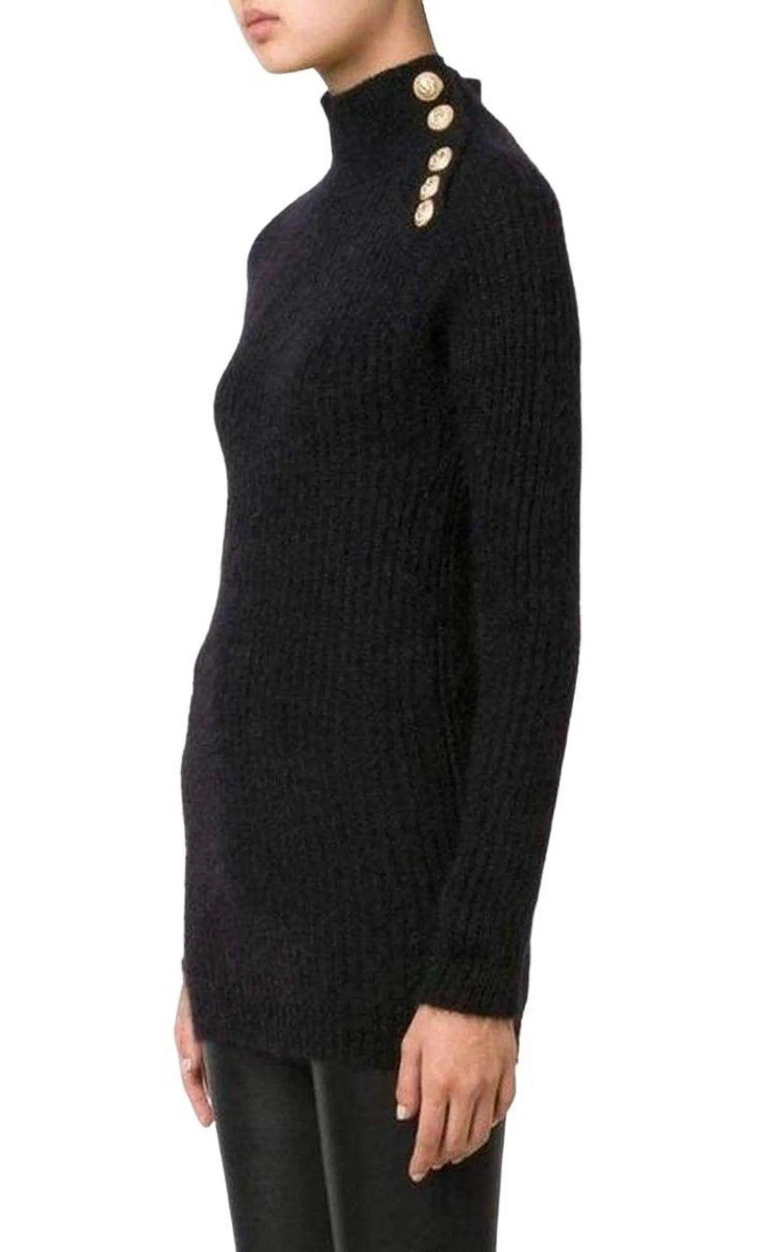 Black Mohair Wool Ribbed Turtleneck Sweater