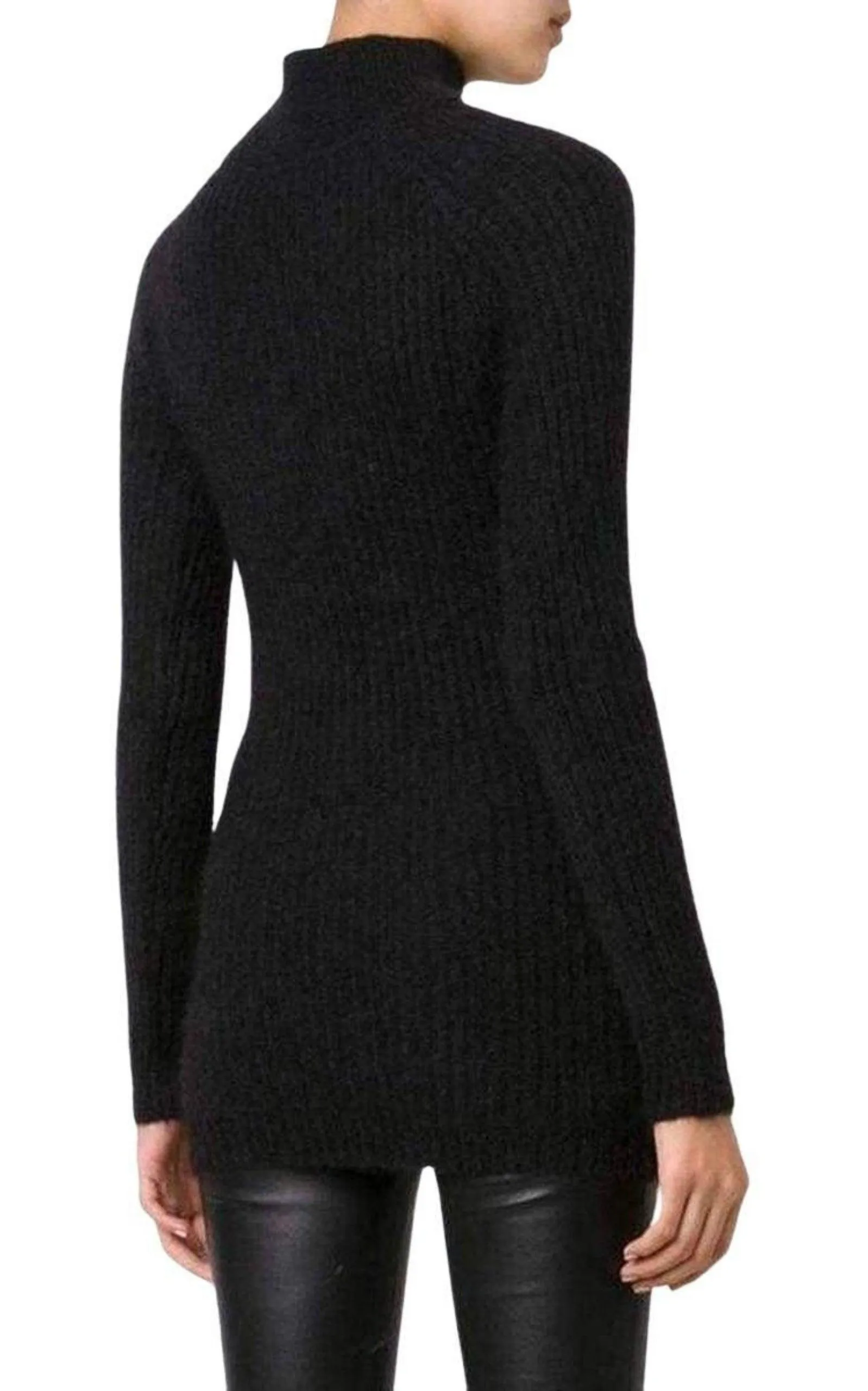 Black Mohair Wool Ribbed Turtleneck Sweater