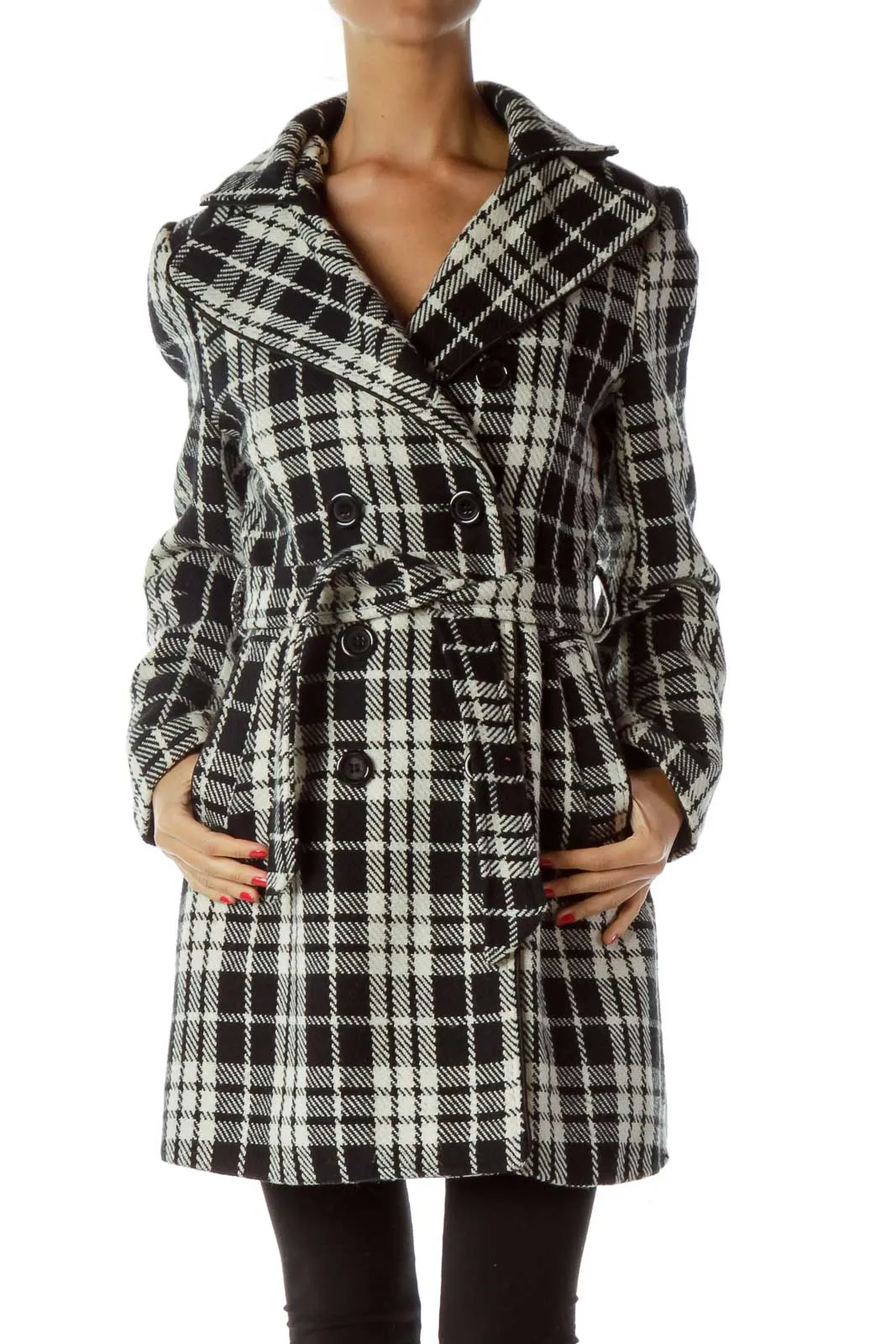 Black White Plaid Double Breasted Coat