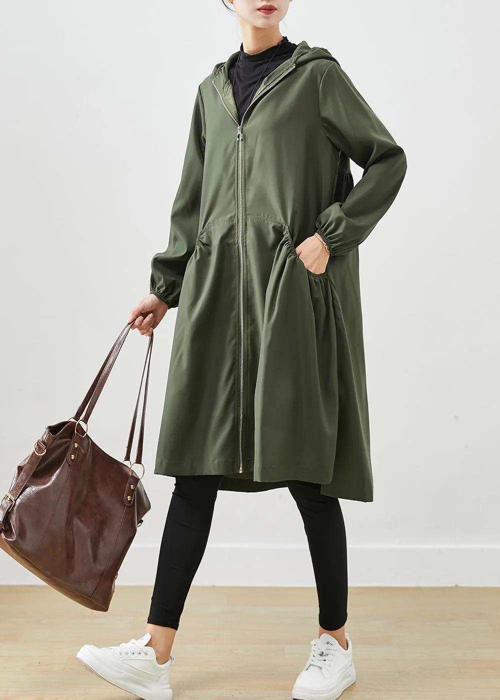 Blackish Green Cotton Coat Outwear Hooded Wrinkled Fall ML2530