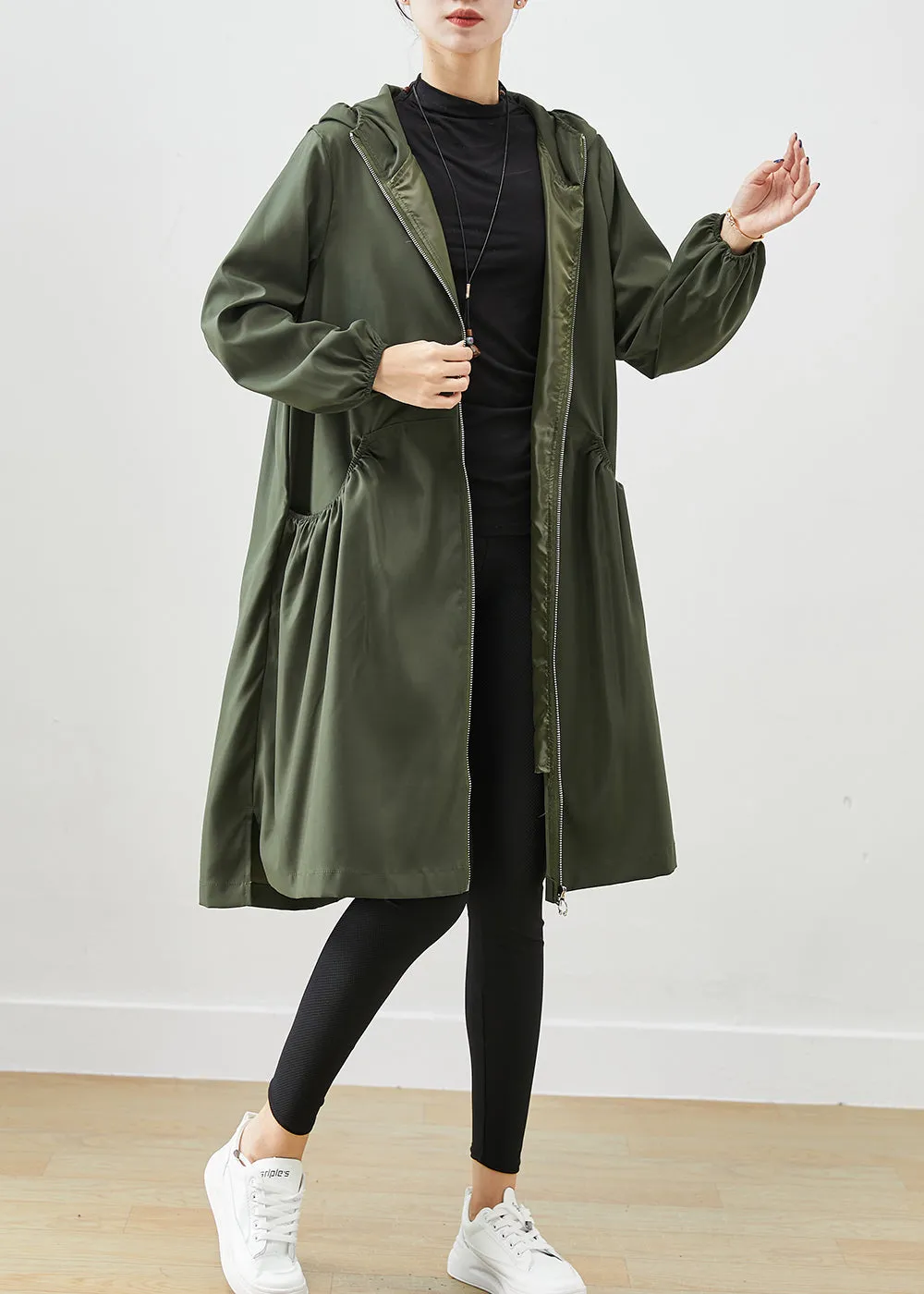 Blackish Green Cotton Coat Outwear Hooded Wrinkled Fall ML2530