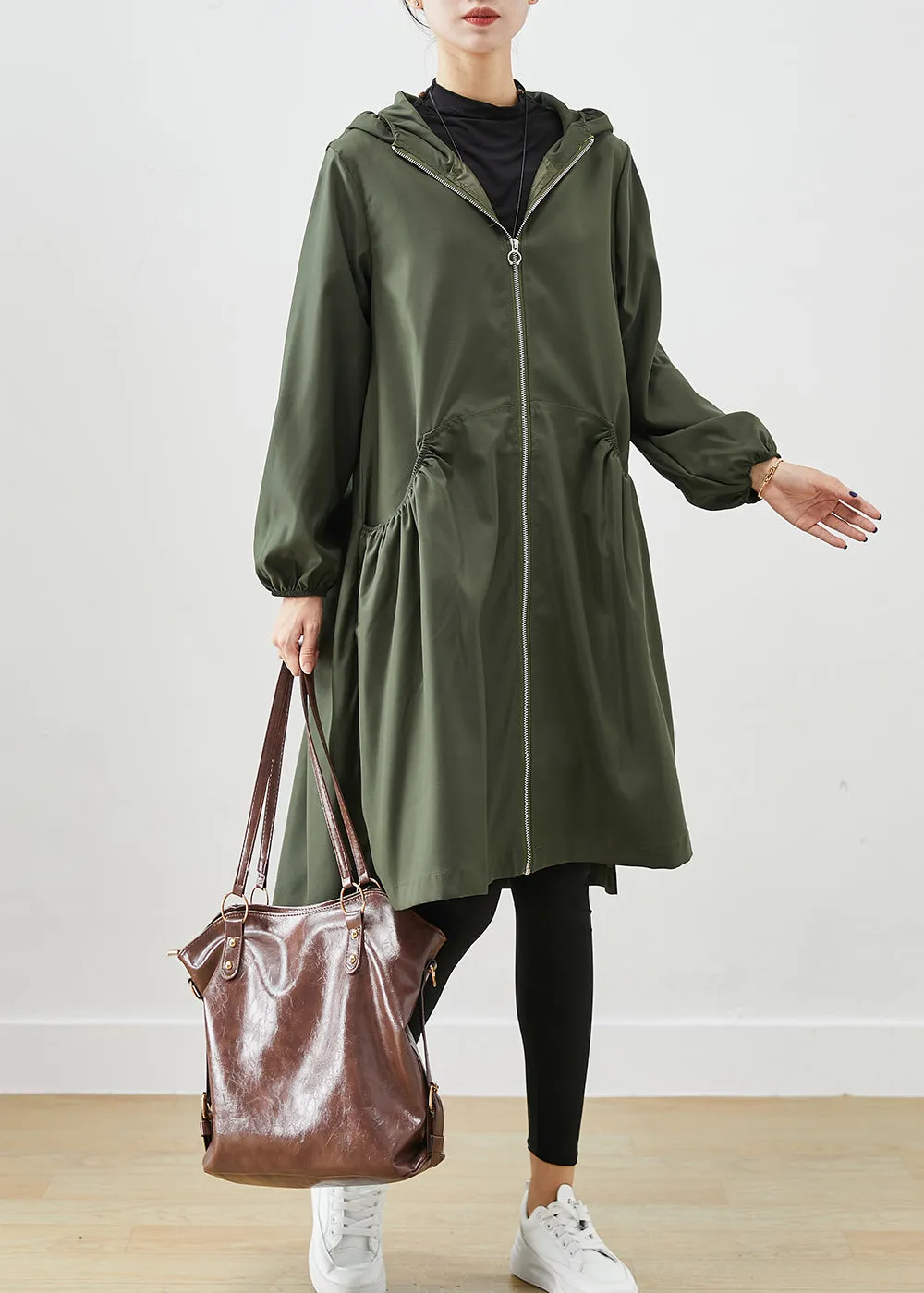 Blackish Green Cotton Coat Outwear Hooded Wrinkled Fall ML2530