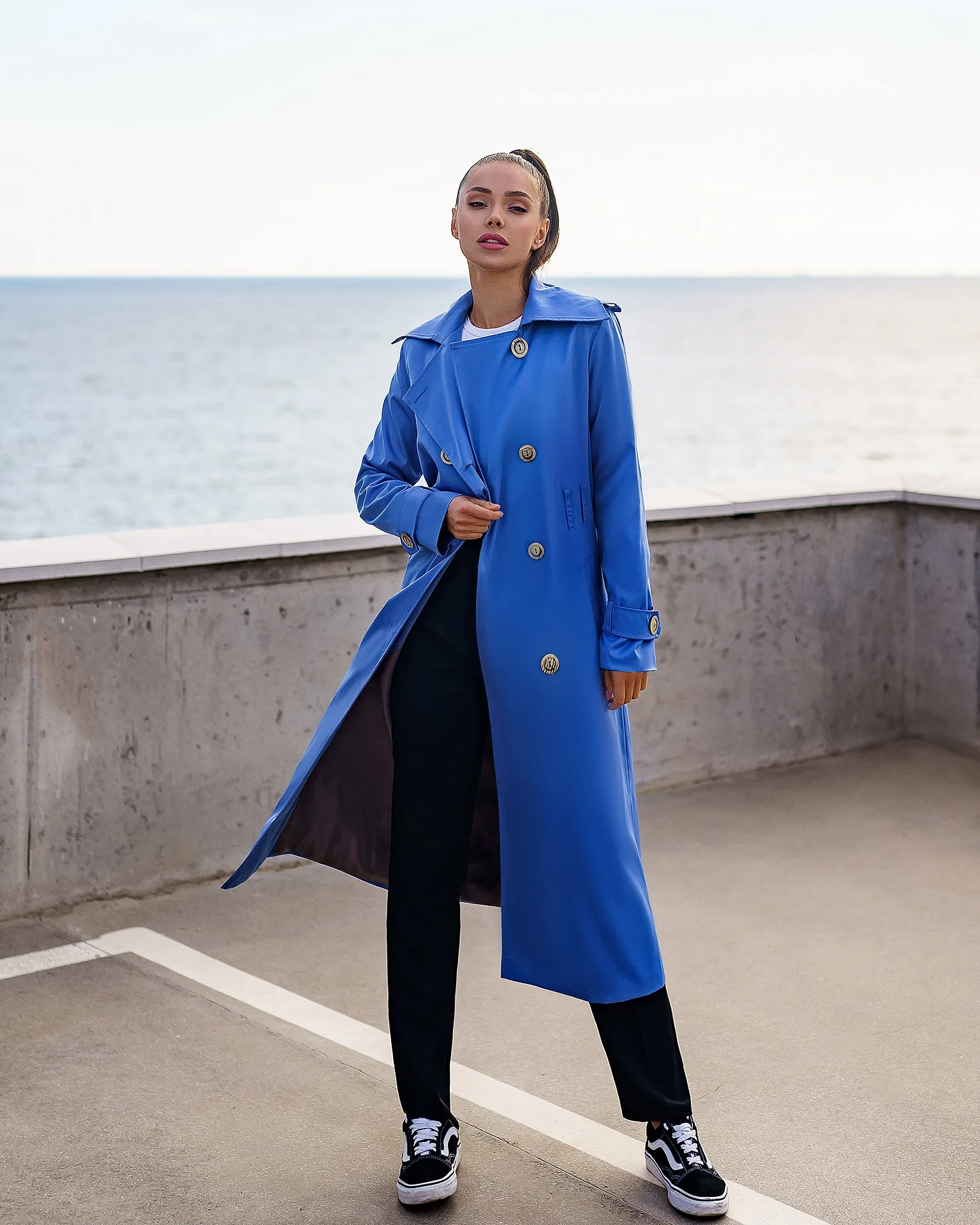 Blue Double-Breasted Belted Trench Coat