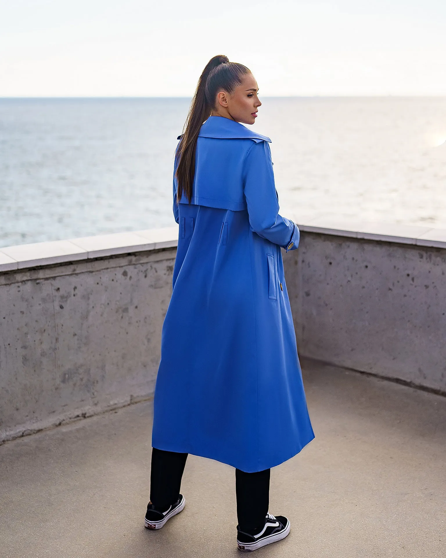 Blue Double-Breasted Belted Trench Coat