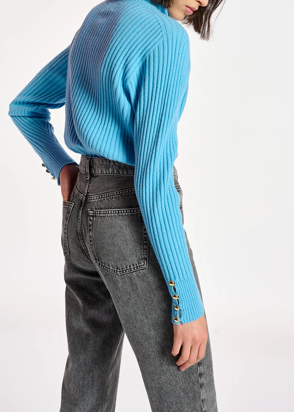 Blue rib-knitted turtleneck sweater