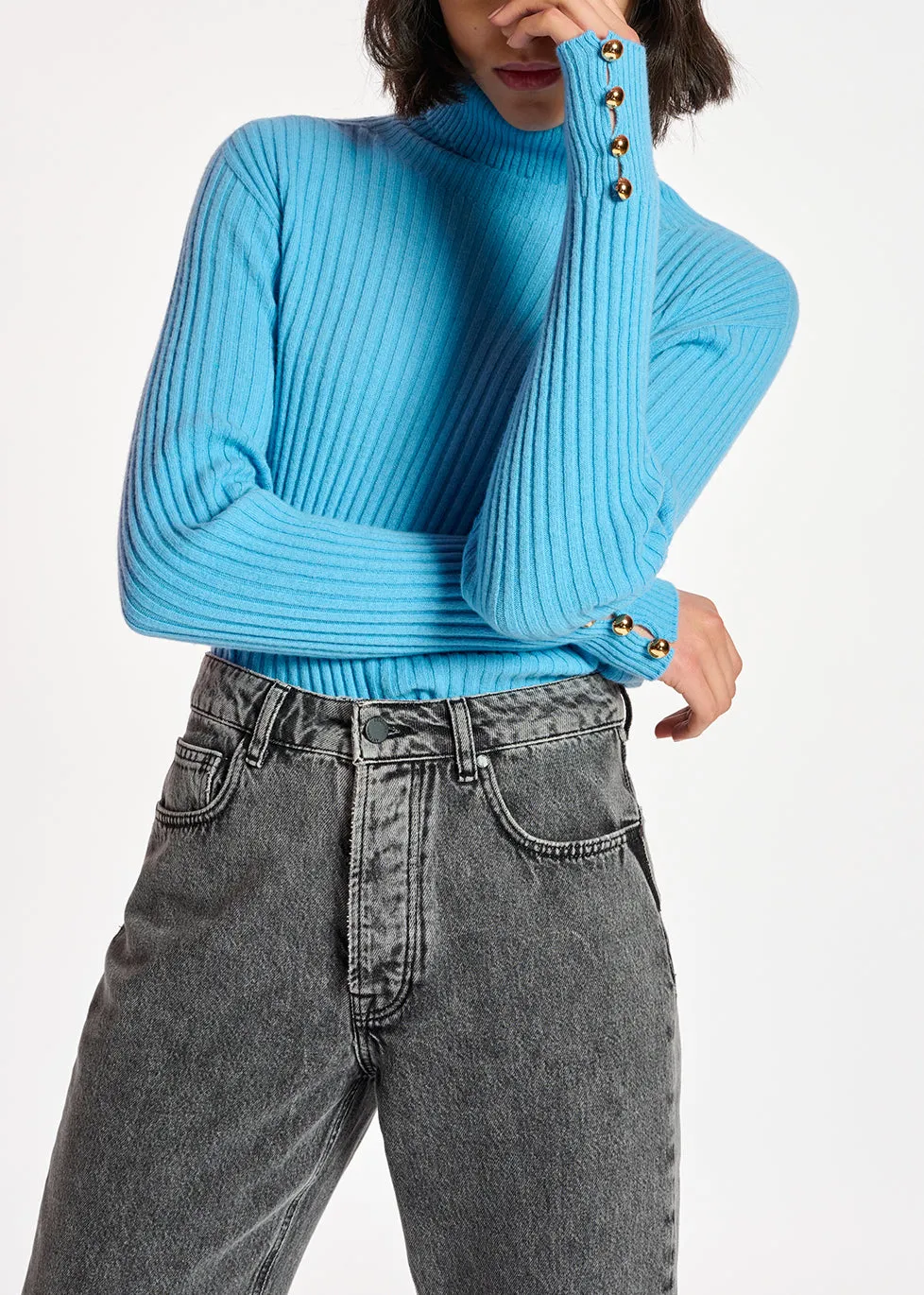 Blue rib-knitted turtleneck sweater