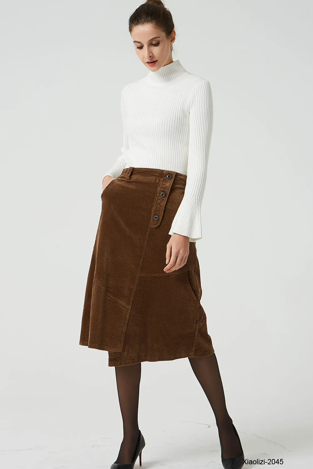 brown corduroy skirt with elastic waist band 2045