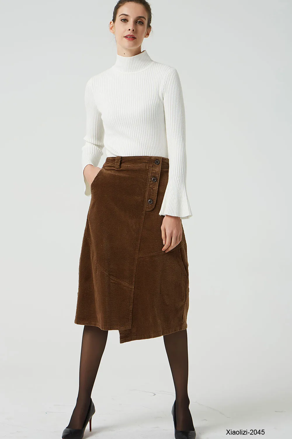 brown corduroy skirt with elastic waist band 2045