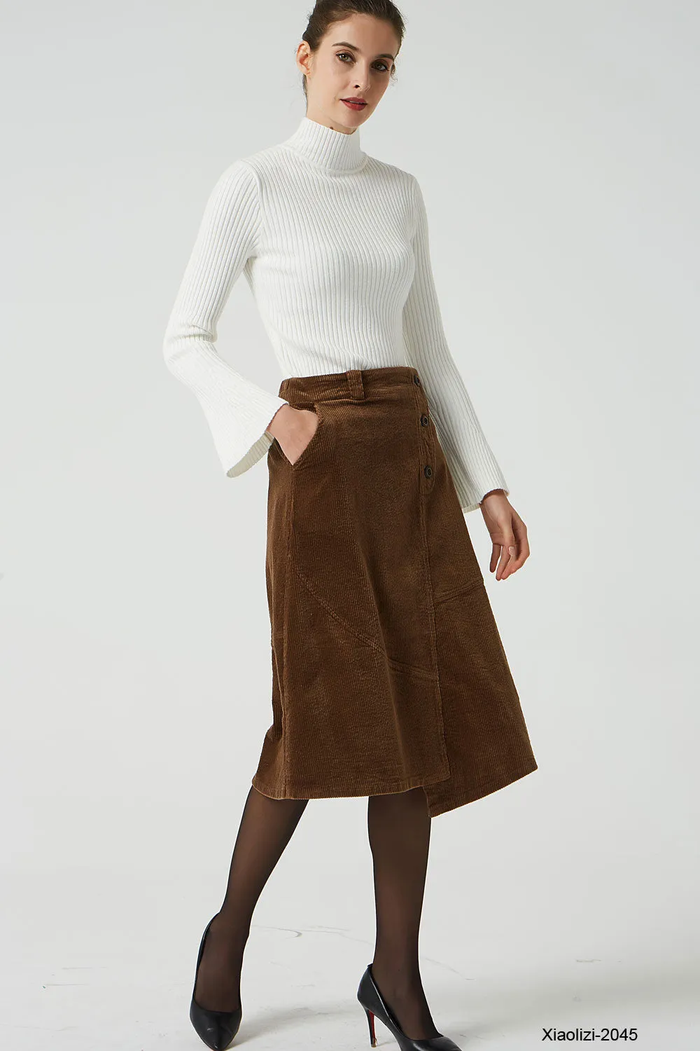 brown corduroy skirt with elastic waist band 2045