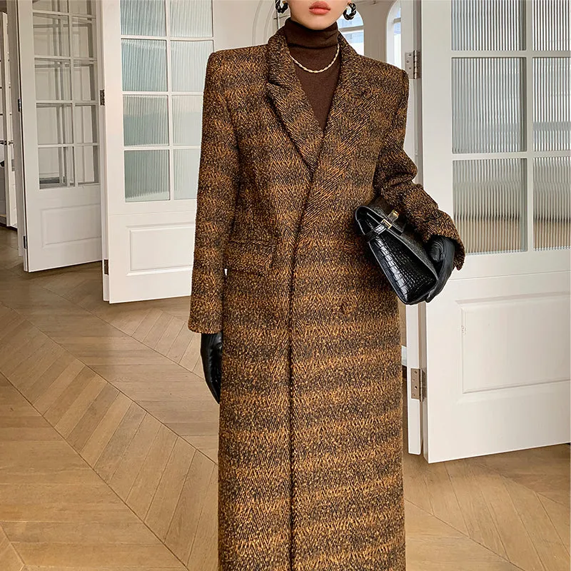 Brown WANXO coffee color herringbone quilted woolen coat new mid-length suit coat- Passion