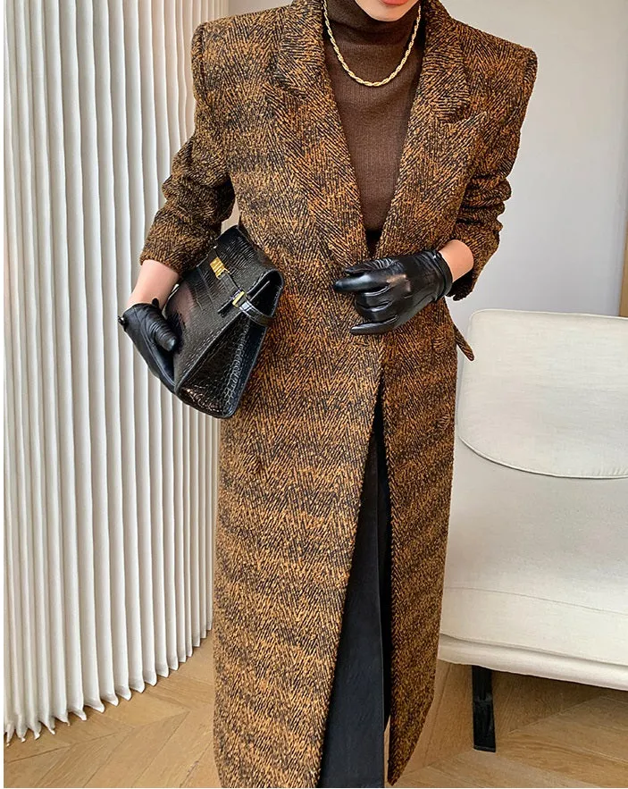 Brown WANXO coffee color herringbone quilted woolen coat new mid-length suit coat- Passion