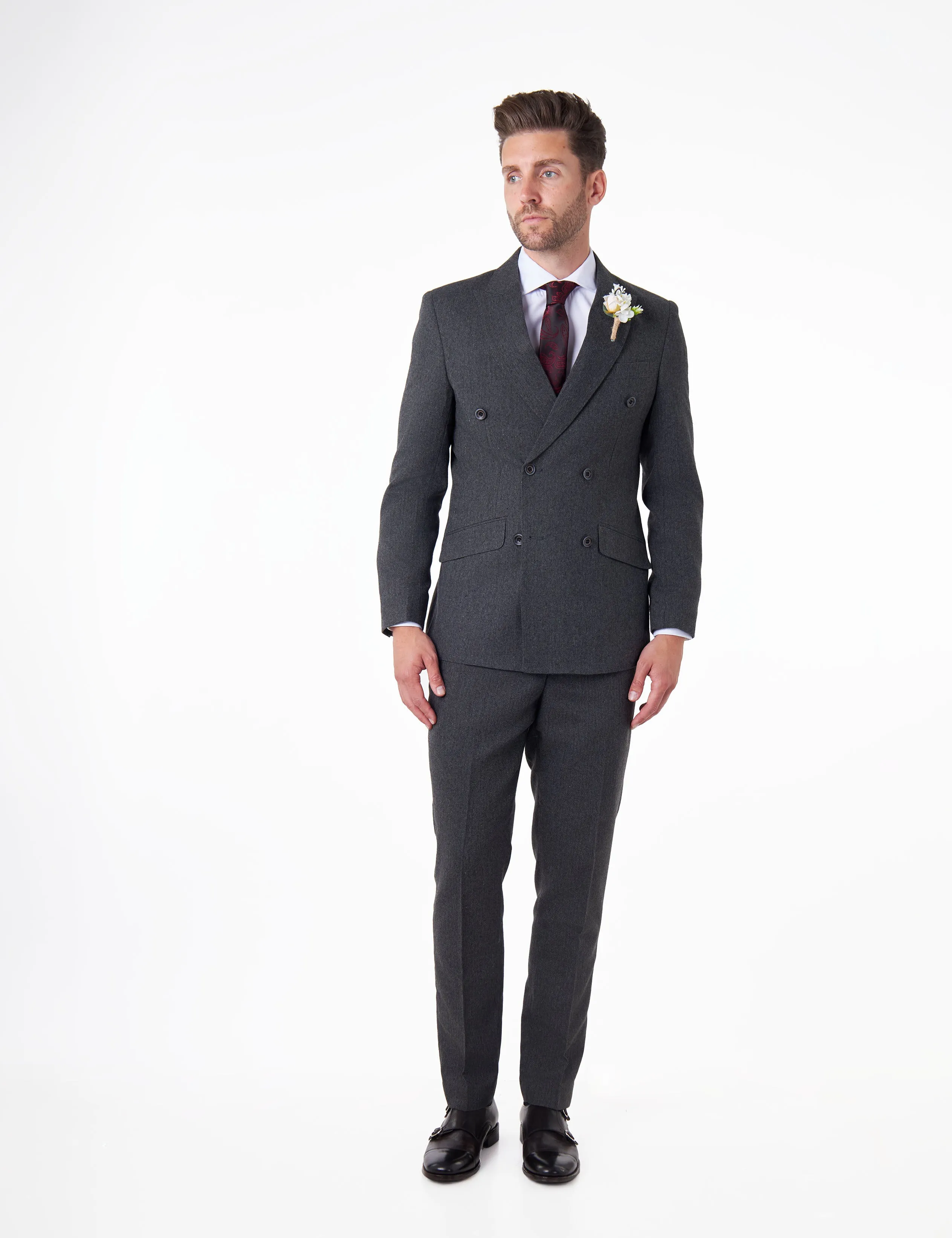 CALIX – Dark Grey Herringbone Tailored Double Breasted Blazer