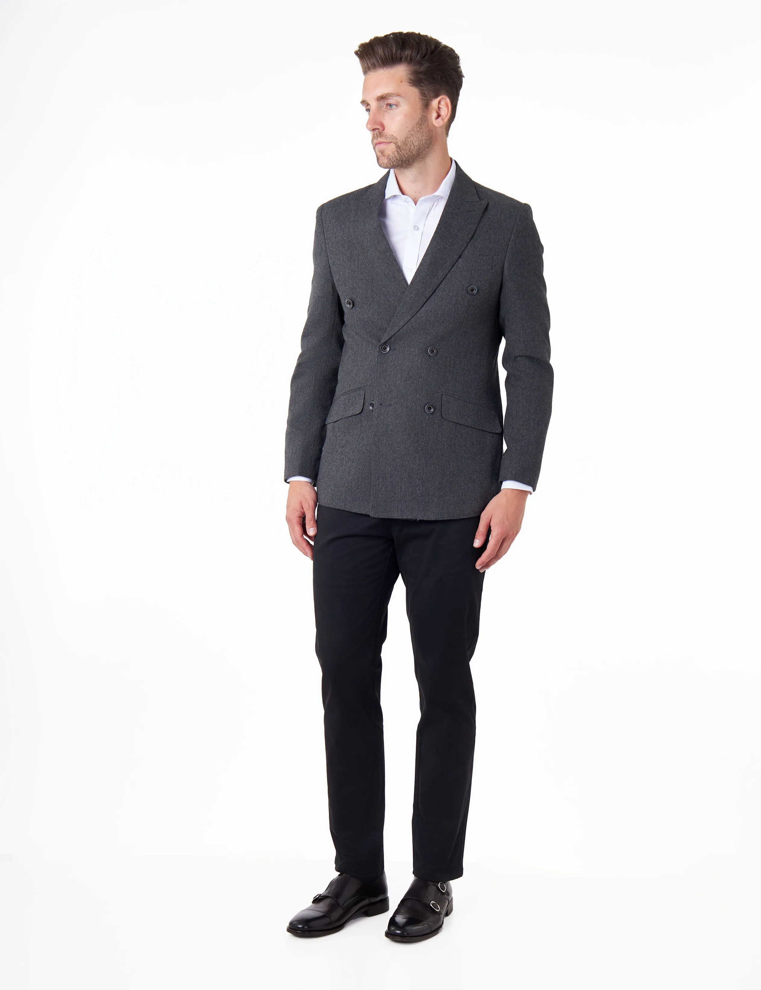 CALIX – Dark Grey Herringbone Tailored Double Breasted Blazer