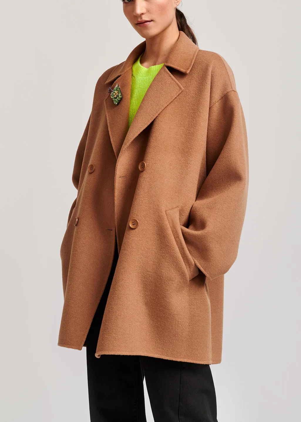 Camel double-breasted wool coat