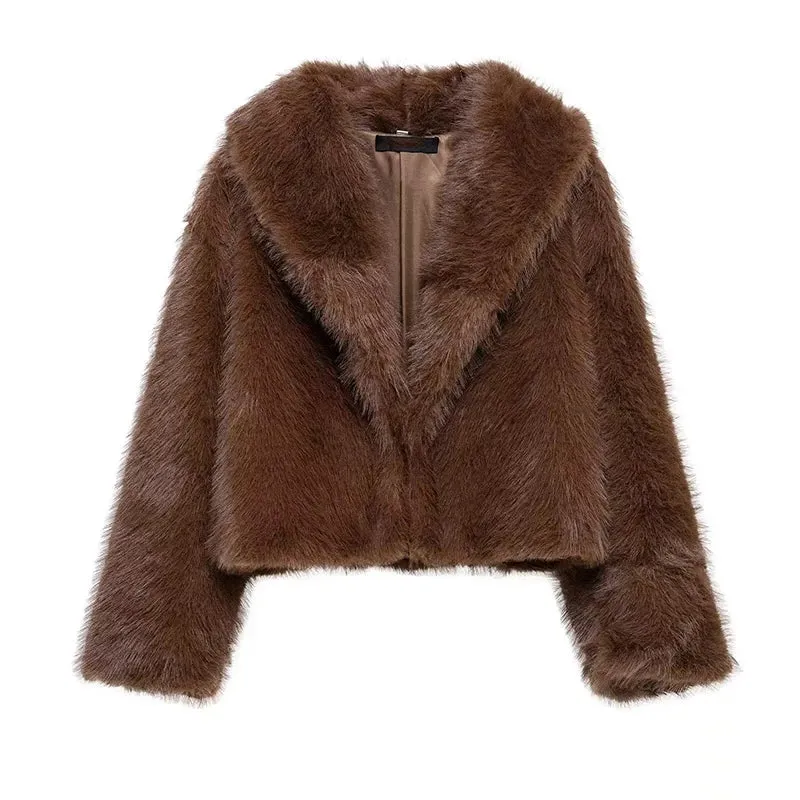 Chic Faux Fur Turndown Collar Long Sleeve  With Belt