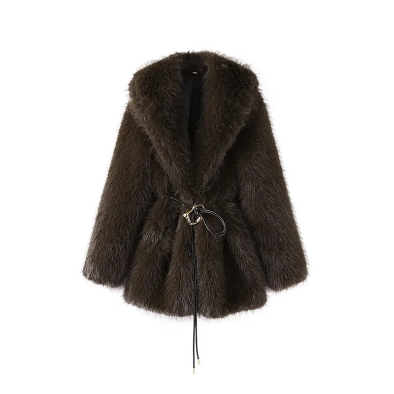 Chic Faux Fur Turndown Collar Long Sleeve  With Belt