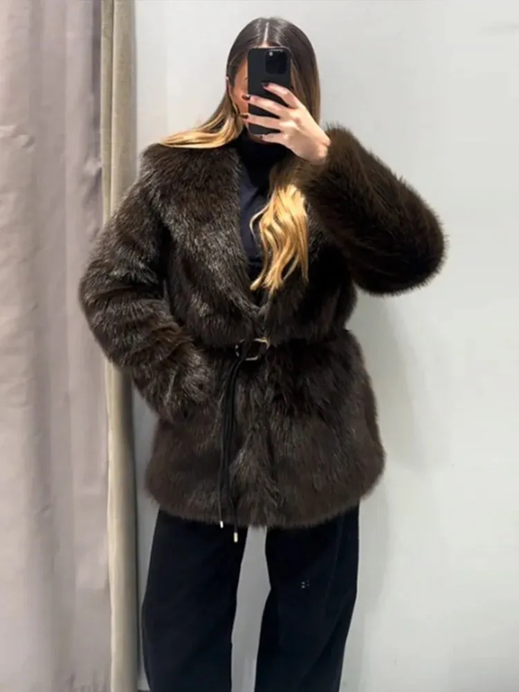 Chic Faux Fur Turndown Collar Long Sleeve  With Belt