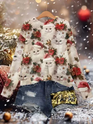 Christmas Cat & Floral Print Pullover Sweater