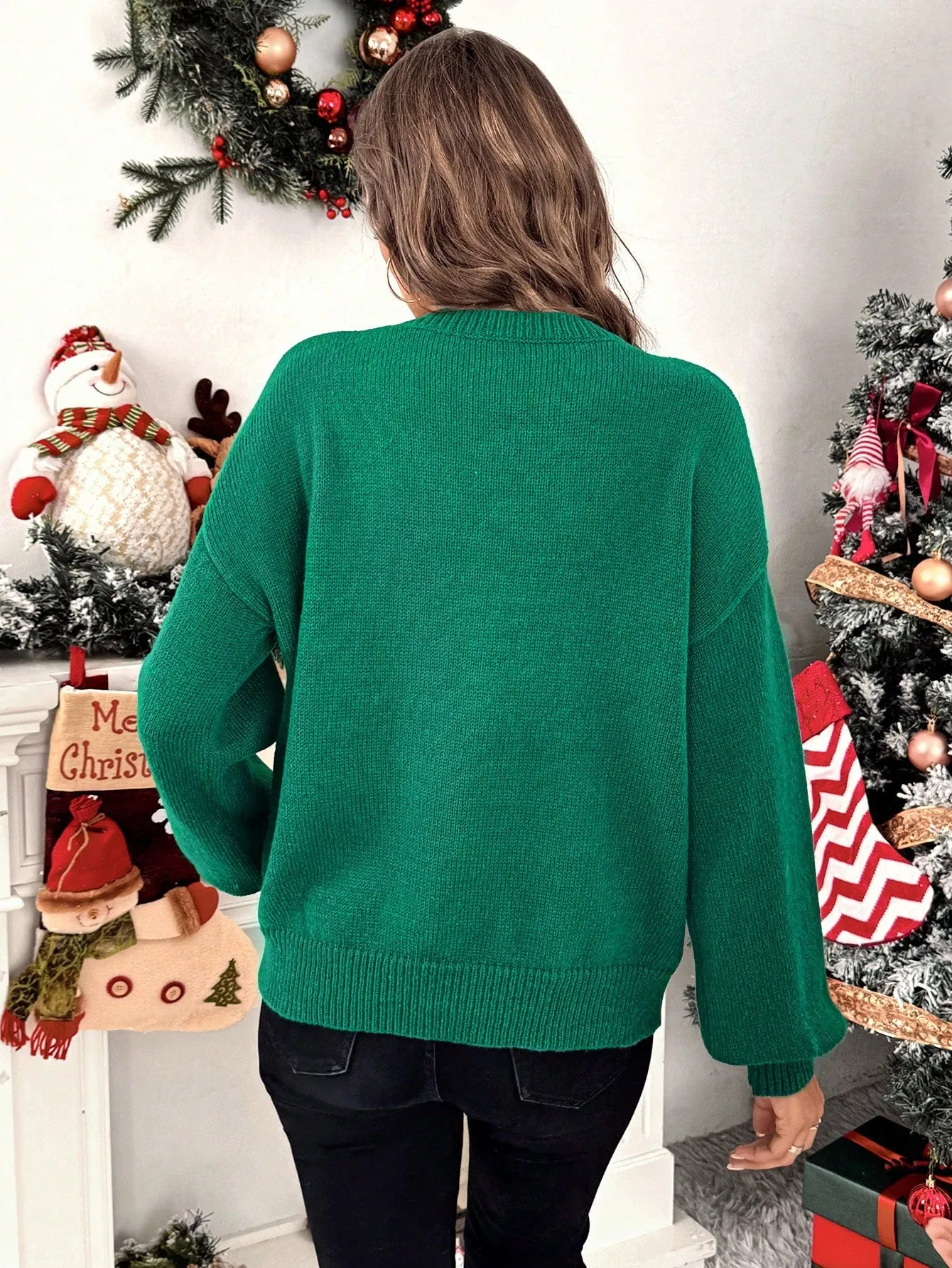 Christmas Green Elegant Bow Sequin Decorated Women Sweater