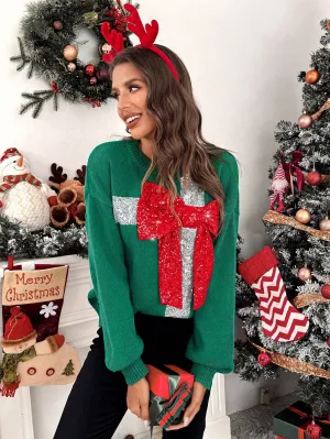 Christmas Green Elegant Bow Sequin Decorated Women Sweater