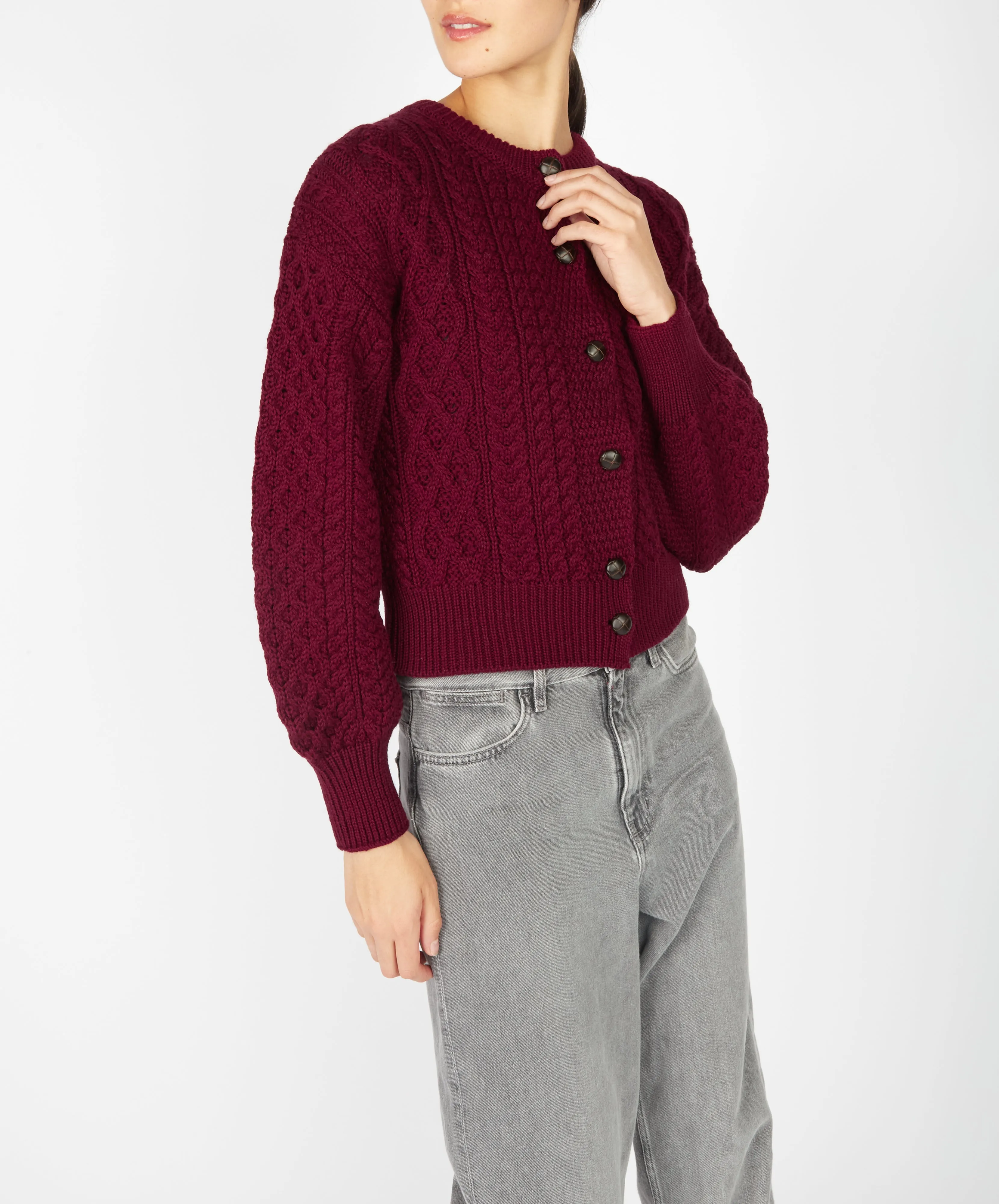 Clover Cropped Aran Cardigan Claret