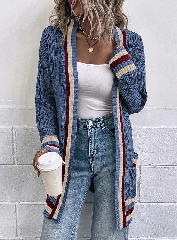 Contrast Striped Pocket Cardigan Sweater Coat