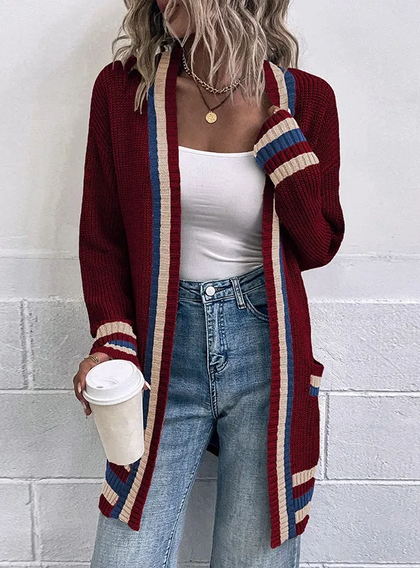 Contrast Striped Pocket Cardigan Sweater Coat