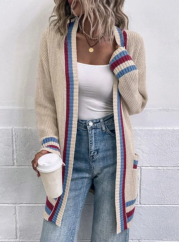 Contrast Striped Pocket Cardigan Sweater Coat