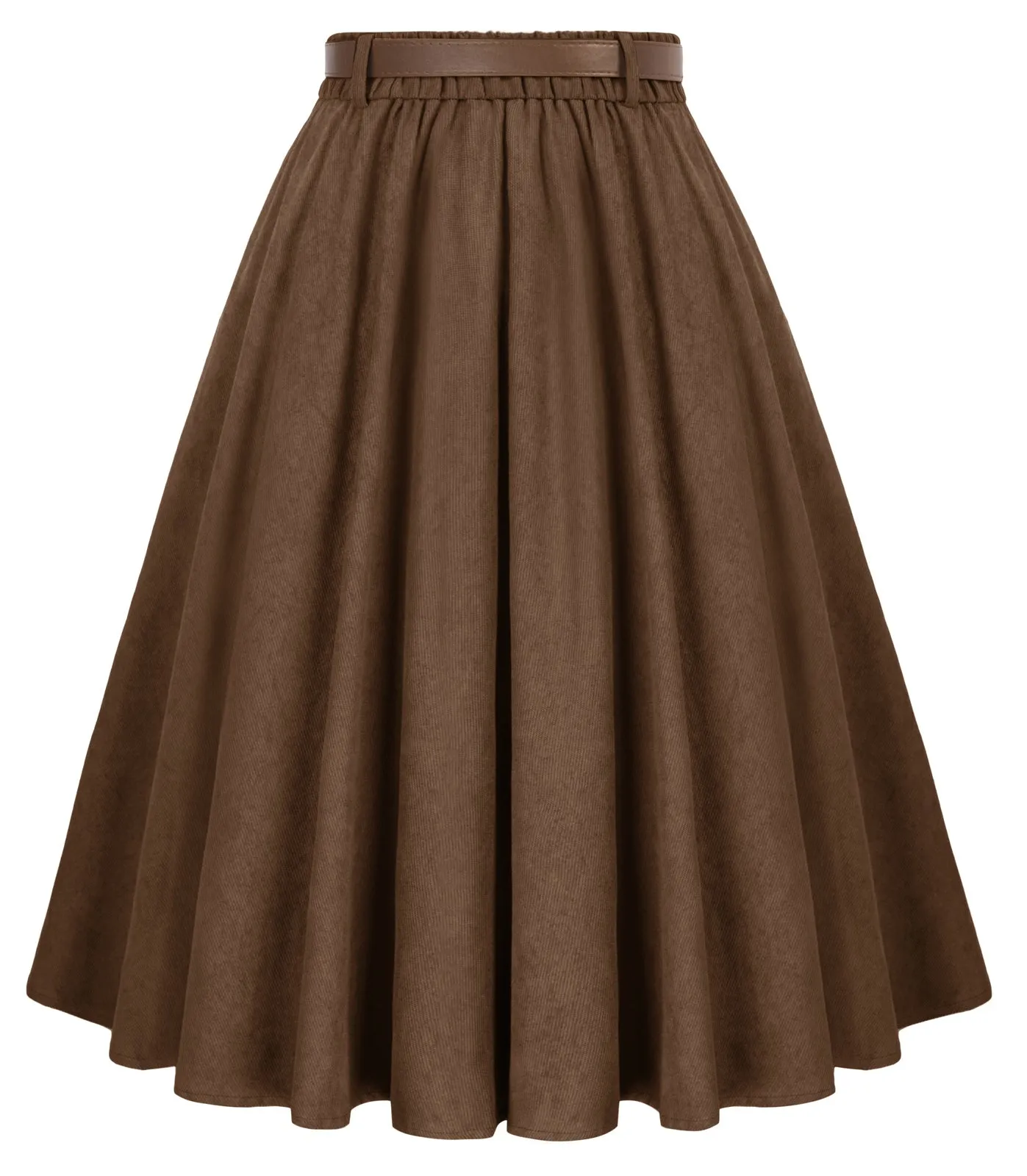 Corduroy Skirt with Belt Elastic High Waist Mid-Calf Swing Skirt