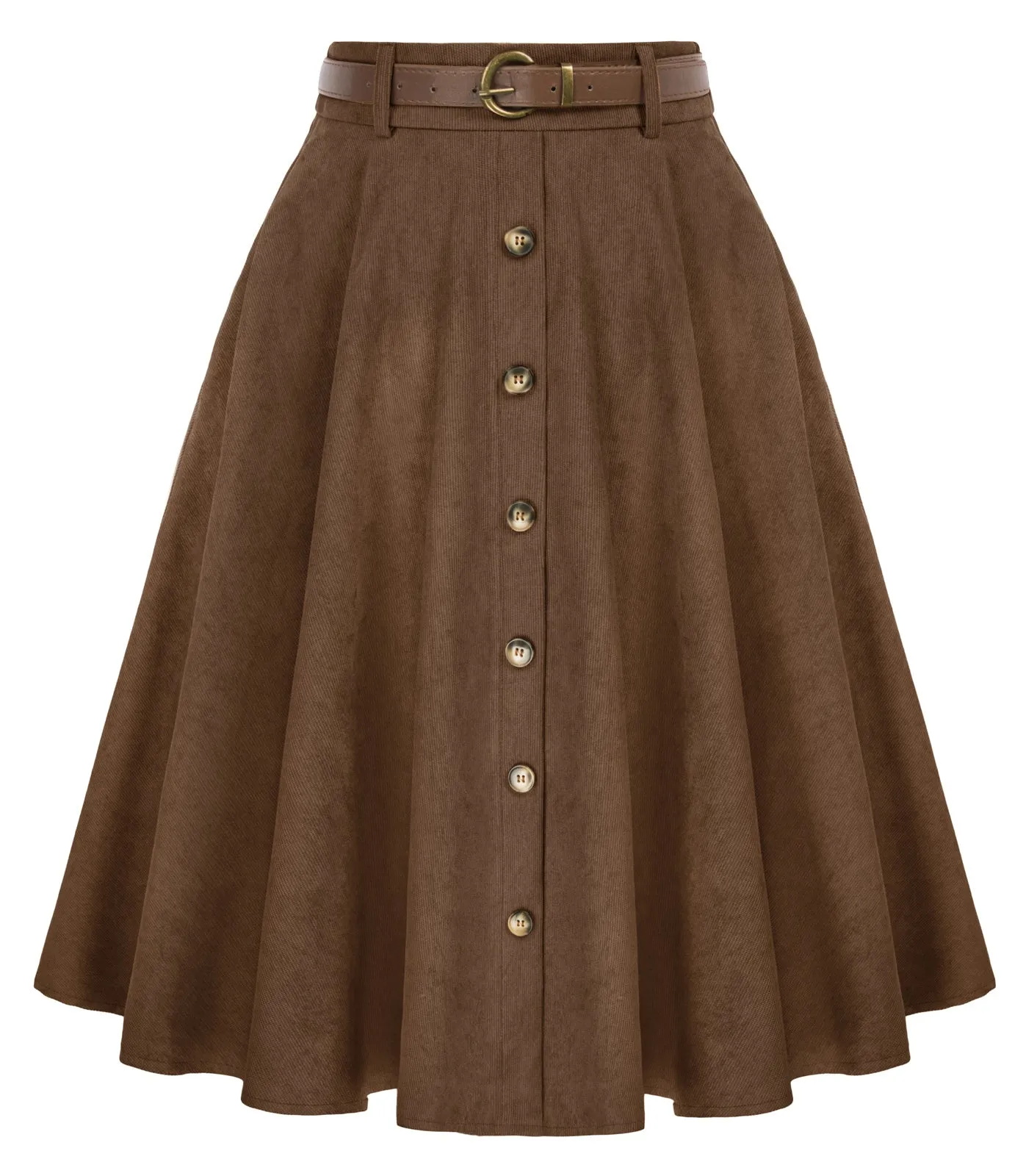 Corduroy Skirt with Belt Elastic High Waist Mid-Calf Swing Skirt