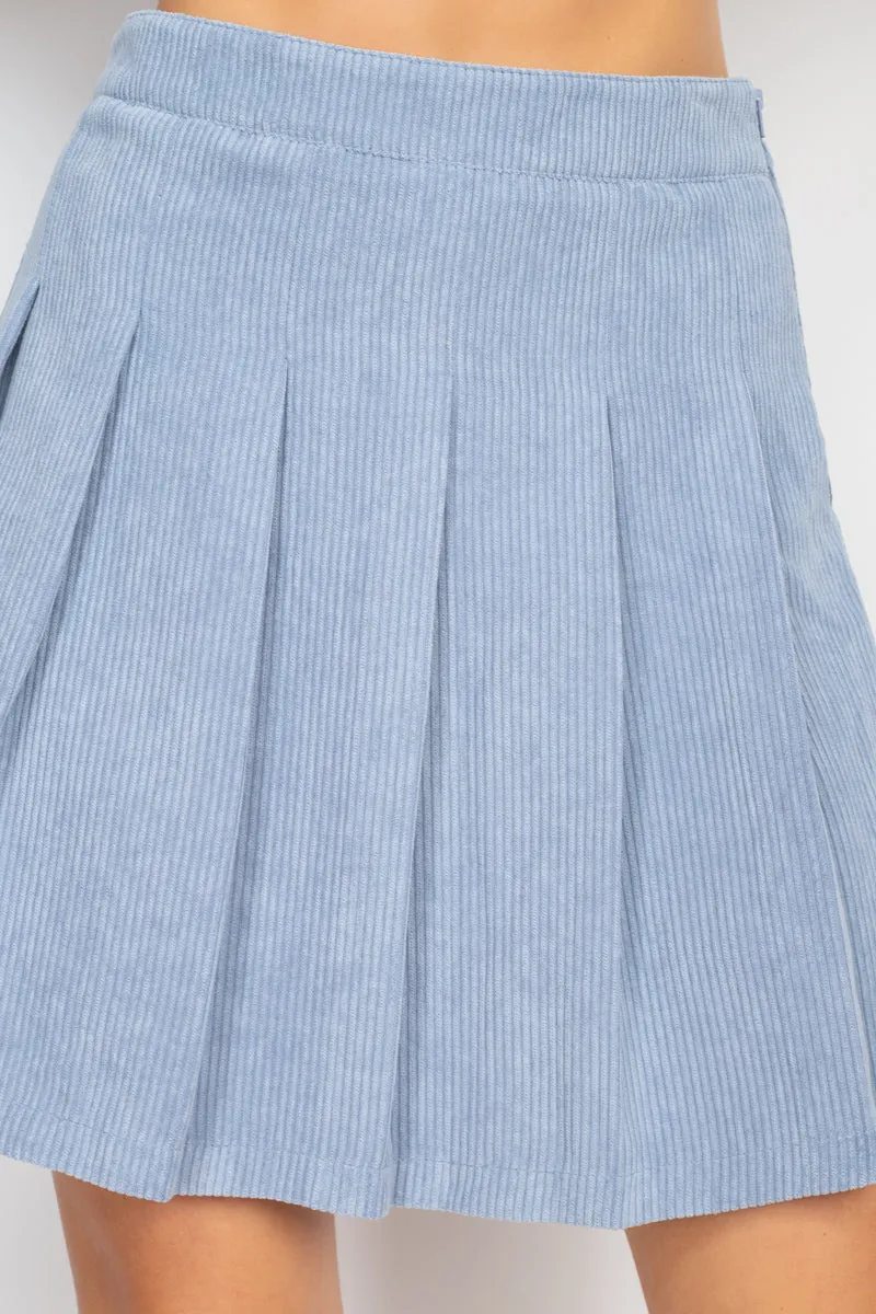 Dark Blue A-line Corduroy Pleated Mini Skirt