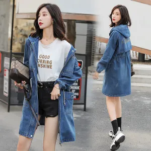 Denim Trench Coat Women&#39;s Long-sleeved Spring Mid-length Korean Cardigan Large Size Loose Casual Jaqueta Coat Hooded Slim f2923