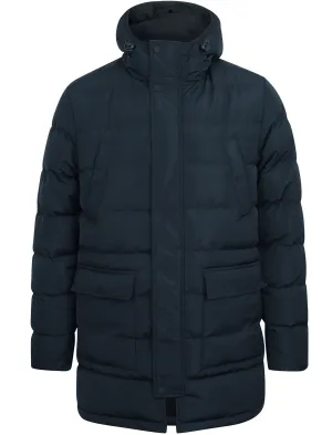 Edmonton Longline Quilted Puffer Coat with Hood In True Navy - Tokyo Laundry